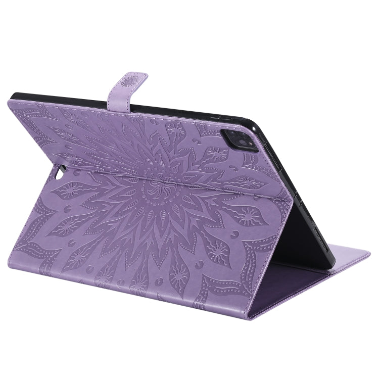 For iPad Pro 12.9 (2020) & Pro 12.9 (2018) Pressed Printing Sunflower Pattern Horizontal Flip PU Leather Tablet Case with Holder & Card Slots & Wallet(Purple) - iPad Pro 12.9 (2020) Cases by buy2fix | Online Shopping UK | buy2fix