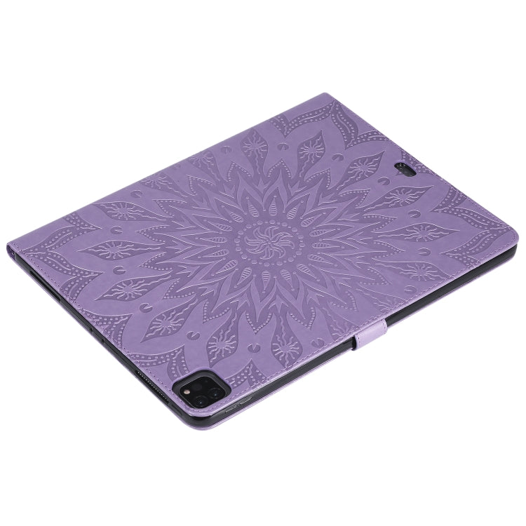 For iPad Pro 12.9 (2020) & Pro 12.9 (2018) Pressed Printing Sunflower Pattern Horizontal Flip PU Leather Tablet Case with Holder & Card Slots & Wallet(Purple) - iPad Pro 12.9 (2020) Cases by buy2fix | Online Shopping UK | buy2fix