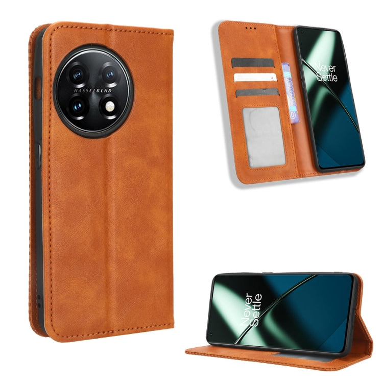 For OnePlus 11 5G Magnetic Buckle Retro Texture Leather Phone Case(Brown) - OnePlus Cases by buy2fix | Online Shopping UK | buy2fix