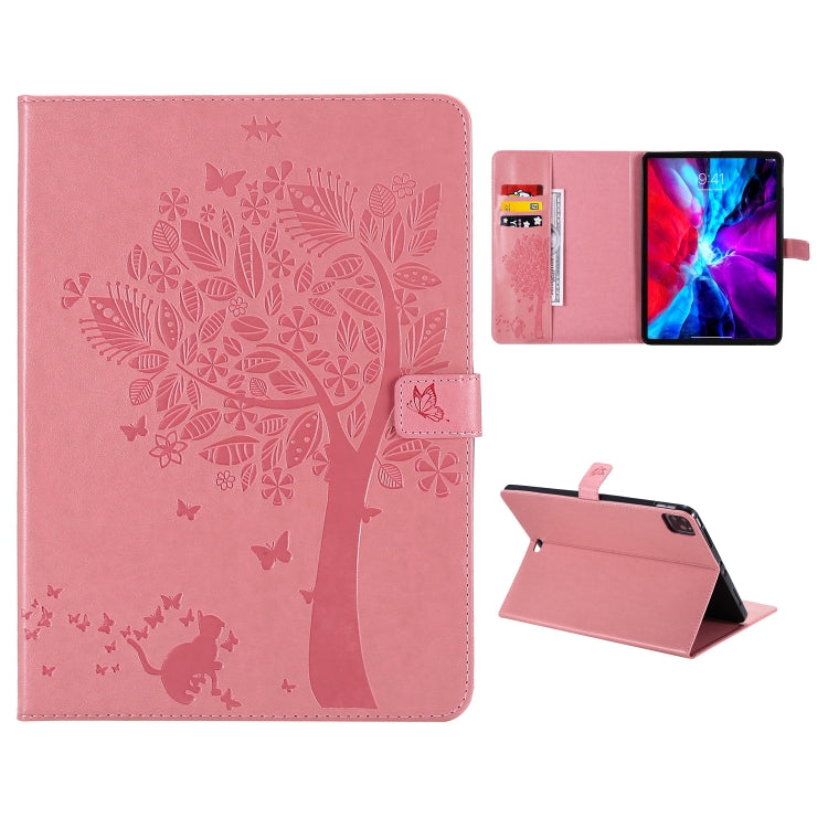For iPad Pro 12.9 (2020) Pressed Printing Cat and Tree Pattern Horizontal Flip Leather Tablet Case with Holder & Card Slots & Wallet(Pink) - iPad Pro 12.9 (2020) Cases by buy2fix | Online Shopping UK | buy2fix