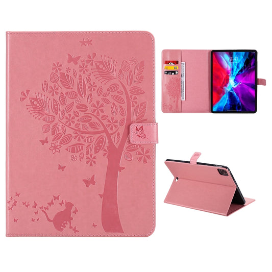 For iPad Pro 12.9 (2020) Pressed Printing Cat and Tree Pattern Horizontal Flip Leather Tablet Case with Holder & Card Slots & Wallet(Pink) - iPad Pro 12.9 (2020) Cases by buy2fix | Online Shopping UK | buy2fix