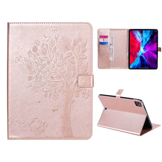 For iPad Pro 12.9 (2020) Pressed Printing Cat and Tree Pattern Horizontal Flip Leather Tablet Case with Holder & Card Slots & Wallet(Rose Gold) - iPad Pro 12.9 (2020) Cases by buy2fix | Online Shopping UK | buy2fix