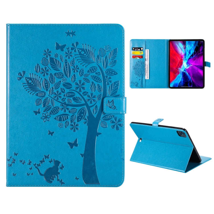 For iPad Pro 12.9 (2020) Pressed Printing Cat and Tree Pattern Horizontal Flip Leather Tablet Case with Holder & Card Slots & Wallet(Blue) - iPad Pro 12.9 (2020) Cases by buy2fix | Online Shopping UK | buy2fix