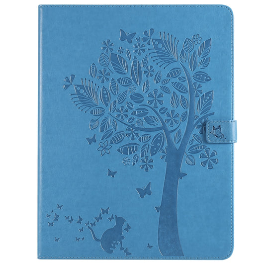 For iPad Pro 12.9 (2020) Pressed Printing Cat and Tree Pattern Horizontal Flip Leather Tablet Case with Holder & Card Slots & Wallet(Blue) - iPad Pro 12.9 (2020) Cases by buy2fix | Online Shopping UK | buy2fix