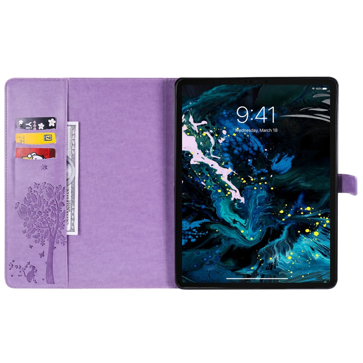 For iPad Pro 12.9 (2020) Pressed Printing Cat and Tree Pattern Horizontal Flip Leather Tablet Case with Holder & Card Slots & Wallet(Purple) - iPad Pro 12.9 (2020) Cases by buy2fix | Online Shopping UK | buy2fix