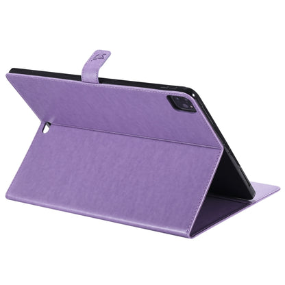 For iPad Pro 12.9 (2020) Pressed Printing Cat and Tree Pattern Horizontal Flip Leather Tablet Case with Holder & Card Slots & Wallet(Purple) - iPad Pro 12.9 (2020) Cases by buy2fix | Online Shopping UK | buy2fix