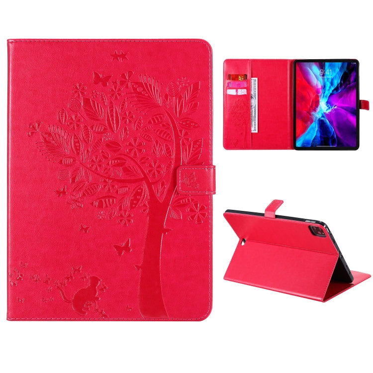 For iPad Pro 12.9 (2020) Pressed Printing Cat and Tree Pattern Horizontal Flip Leather Tablet Case with Holder & Card Slots & Wallet(Red) - iPad Pro 12.9 (2020) Cases by buy2fix | Online Shopping UK | buy2fix