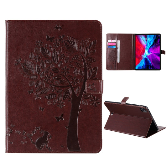 For iPad Pro 12.9 (2020) Pressed Printing Cat and Tree Pattern Horizontal Flip Leather Tablet Case with Holder & Card Slots & Wallet(Coffee) - iPad Pro 12.9 (2020) Cases by buy2fix | Online Shopping UK | buy2fix