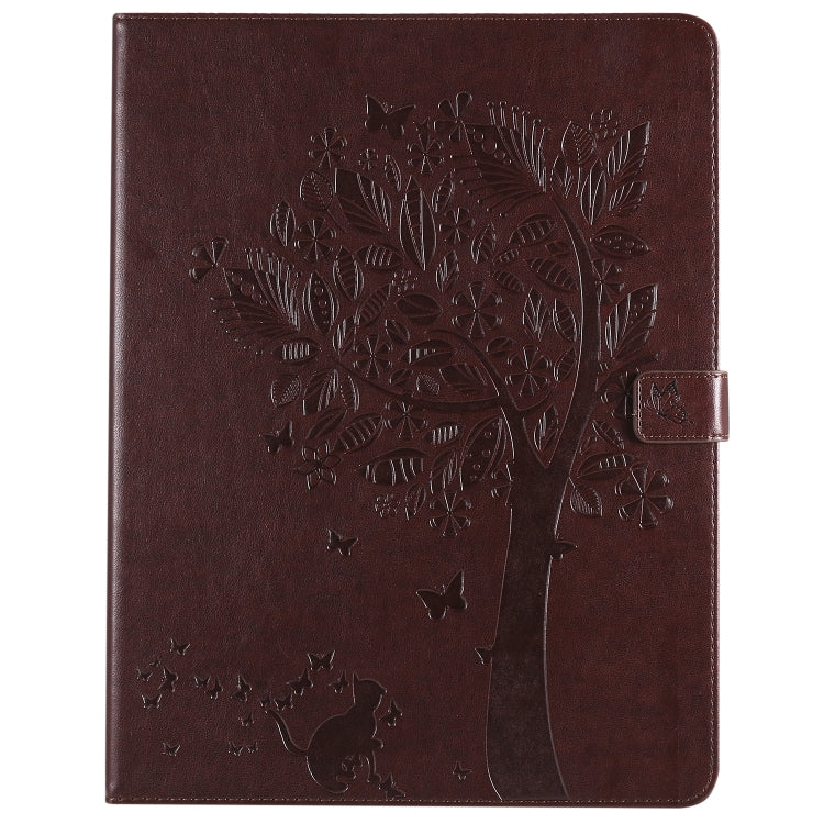 For iPad Pro 12.9 (2020) Pressed Printing Cat and Tree Pattern Horizontal Flip Leather Tablet Case with Holder & Card Slots & Wallet(Coffee) - iPad Pro 12.9 (2020) Cases by buy2fix | Online Shopping UK | buy2fix