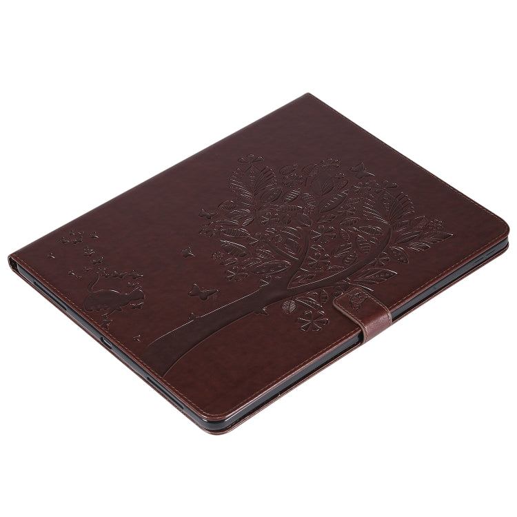 For iPad Pro 12.9 (2020) Pressed Printing Cat and Tree Pattern Horizontal Flip Leather Tablet Case with Holder & Card Slots & Wallet(Coffee) - iPad Pro 12.9 (2020) Cases by buy2fix | Online Shopping UK | buy2fix