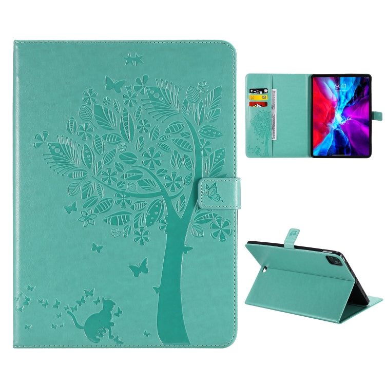 For iPad Pro 11 (2020) Pressed Printing Cat and Tree Pattern Horizontal Flip Leather Tablet Case with Holder & Card Slots & Wallet(Green) - iPad Pro 11 (2020) Cases by buy2fix | Online Shopping UK | buy2fix