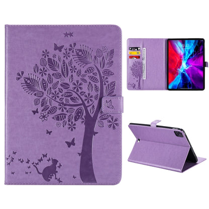 For iPad Pro 11 (2020) Pressed Printing Cat and Tree Pattern Horizontal Flip Leather Tablet Case with Holder & Card Slots & Wallet(Purple) - iPad Pro 11 (2020) Cases by buy2fix | Online Shopping UK | buy2fix
