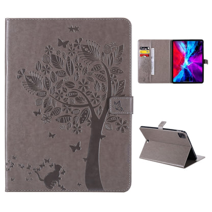 For iPad Pro 11 (2020) Pressed Printing Cat and Tree Pattern Horizontal Flip Leather Tablet Case with Holder & Card Slots & Wallet(Grey) - iPad Pro 11 (2020) Cases by buy2fix | Online Shopping UK | buy2fix