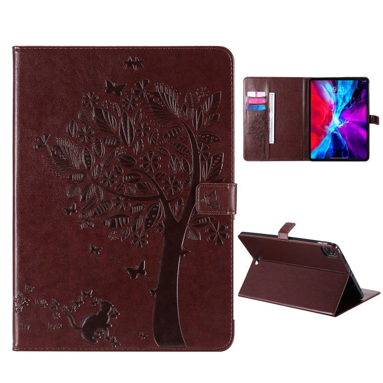For iPad Pro 11 (2020) Pressed Printing Cat and Tree Pattern Horizontal Flip Leather Tablet Case with Holder & Card Slots & Wallet(Coffee) - iPad Pro 11 (2020) Cases by buy2fix | Online Shopping UK | buy2fix
