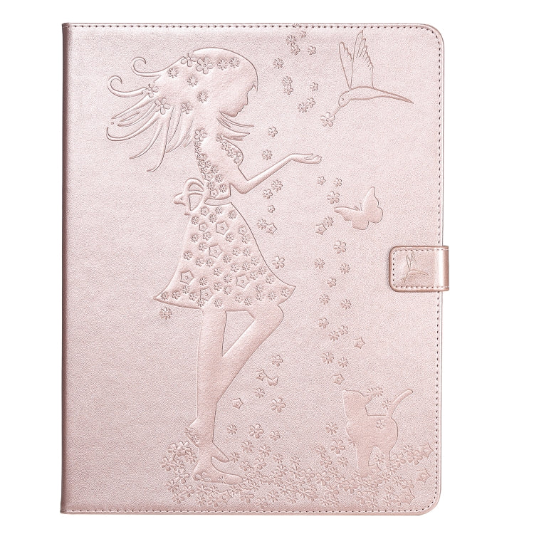 For iPad Pro 12.9 (2020) Pressed Printing Woman and Cat Pattern Horizontal Flip Leather Tablet Case with Holder & Card Slots & Wallet(Rose Gold) - iPad Pro 12.9 (2020) Cases by buy2fix | Online Shopping UK | buy2fix