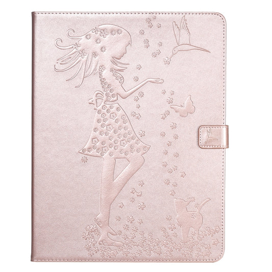 For iPad Pro 12.9 (2020) Pressed Printing Woman and Cat Pattern Horizontal Flip Leather Tablet Case with Holder & Card Slots & Wallet(Rose Gold) - iPad Pro 12.9 (2020) Cases by buy2fix | Online Shopping UK | buy2fix