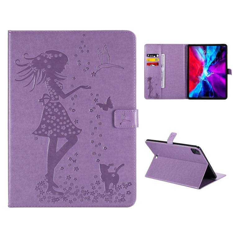 For iPad Pro 12.9 (2020) Pressed Printing Woman and Cat Pattern Horizontal Flip Leather Tablet Case with Holder & Card Slots & Wallet(Purple) - iPad Pro 12.9 (2020) Cases by buy2fix | Online Shopping UK | buy2fix