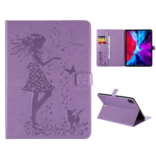 For iPad Pro 12.9 (2020) Pressed Printing Woman and Cat Pattern Horizontal Flip Leather Tablet Case with Holder & Card Slots & Wallet(Purple) - iPad Pro 12.9 (2020) Cases by buy2fix | Online Shopping UK | buy2fix