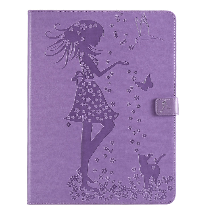 For iPad Pro 12.9 (2020) Pressed Printing Woman and Cat Pattern Horizontal Flip Leather Tablet Case with Holder & Card Slots & Wallet(Purple) - iPad Pro 12.9 (2020) Cases by buy2fix | Online Shopping UK | buy2fix