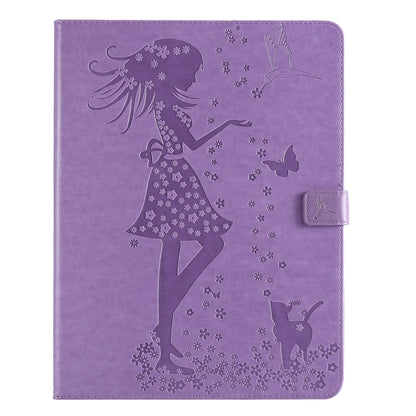 For iPad Pro 12.9 (2020) Pressed Printing Woman and Cat Pattern Horizontal Flip Leather Tablet Case with Holder & Card Slots & Wallet(Purple) - iPad Pro 12.9 (2020) Cases by buy2fix | Online Shopping UK | buy2fix
