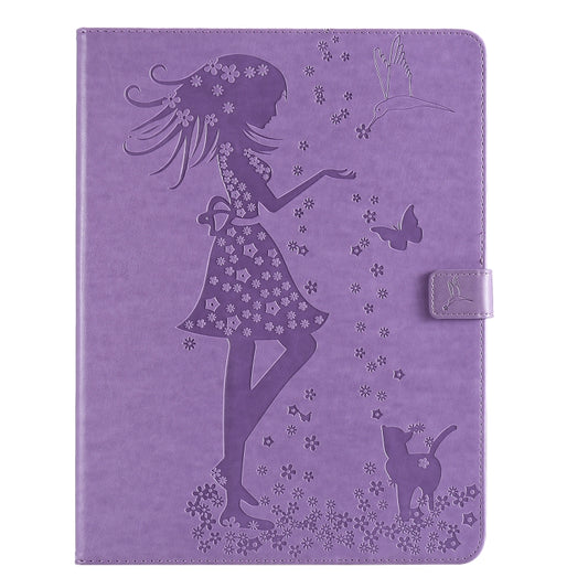 For iPad Pro 12.9 (2020) Pressed Printing Woman and Cat Pattern Horizontal Flip Leather Tablet Case with Holder & Card Slots & Wallet(Purple) - iPad Pro 12.9 (2020) Cases by buy2fix | Online Shopping UK | buy2fix