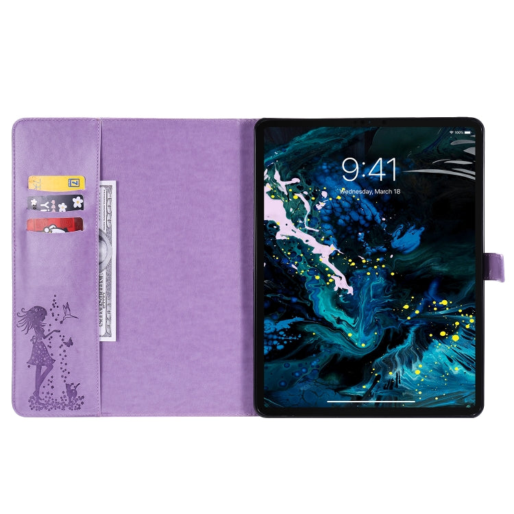 For iPad Pro 12.9 (2020) Pressed Printing Woman and Cat Pattern Horizontal Flip Leather Tablet Case with Holder & Card Slots & Wallet(Purple) - iPad Pro 12.9 (2020) Cases by buy2fix | Online Shopping UK | buy2fix