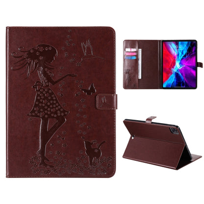 For iPad Pro 12.9 (2020) Pressed Printing Woman and Cat Pattern Horizontal Flip Leather Tablet Case with Holder & Card Slots & Wallet(Coffee) - iPad Pro 12.9 (2020) Cases by buy2fix | Online Shopping UK | buy2fix