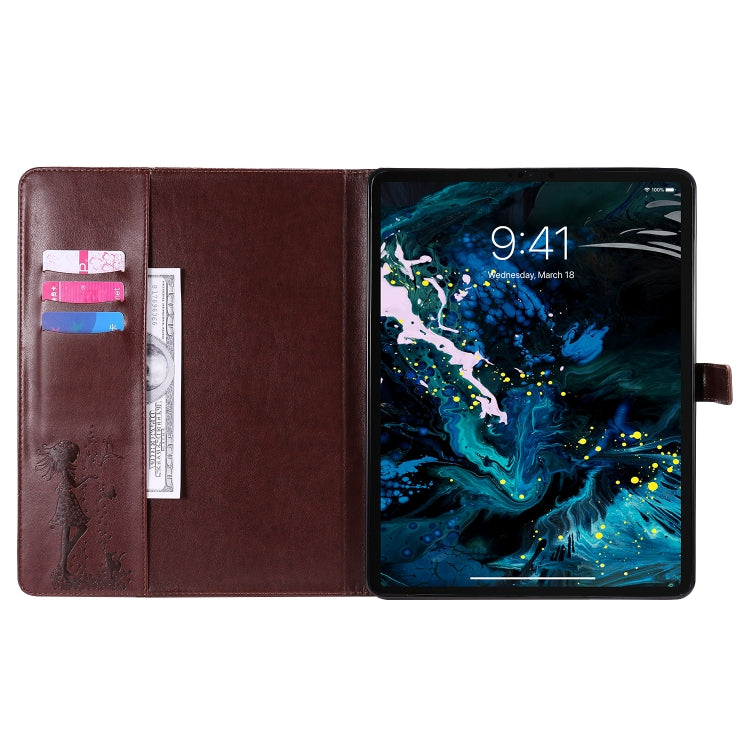 For iPad Pro 12.9 (2020) Pressed Printing Woman and Cat Pattern Horizontal Flip Leather Tablet Case with Holder & Card Slots & Wallet(Coffee) - iPad Pro 12.9 (2020) Cases by buy2fix | Online Shopping UK | buy2fix