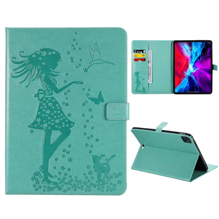 For iPad Pro 11 (2020) Pressed Printing Woman and Cat Pattern Horizontal Flip Leather Tablet Case with Holder & Card Slots & Wallet(Green) - iPad Pro 11 (2020) Cases by buy2fix | Online Shopping UK | buy2fix