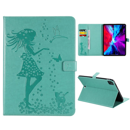 For iPad Pro 11 (2020) Pressed Printing Woman and Cat Pattern Horizontal Flip Leather Tablet Case with Holder & Card Slots & Wallet(Green) - iPad Pro 11 (2020) Cases by buy2fix | Online Shopping UK | buy2fix