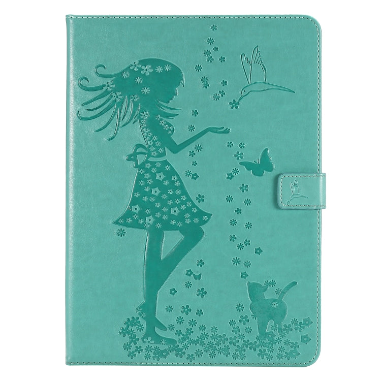 For iPad Pro 11 (2020) Pressed Printing Woman and Cat Pattern Horizontal Flip Leather Tablet Case with Holder & Card Slots & Wallet(Green) - iPad Pro 11 (2020) Cases by buy2fix | Online Shopping UK | buy2fix