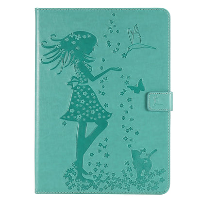 For iPad Pro 11 (2020) Pressed Printing Woman and Cat Pattern Horizontal Flip Leather Tablet Case with Holder & Card Slots & Wallet(Green) - iPad Pro 11 (2020) Cases by buy2fix | Online Shopping UK | buy2fix