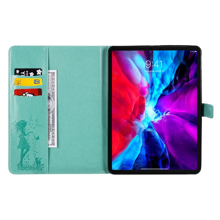 For iPad Pro 11 (2020) Pressed Printing Woman and Cat Pattern Horizontal Flip Leather Tablet Case with Holder & Card Slots & Wallet(Green) - iPad Pro 11 (2020) Cases by buy2fix | Online Shopping UK | buy2fix