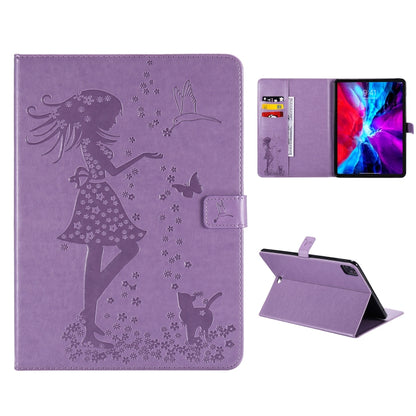 For iPad Pro 11 (2020) Pressed Printing Woman and Cat Pattern Horizontal Flip Leather Tablet Case with Holder & Card Slots & Wallet(Purple) - iPad Pro 11 (2020) Cases by buy2fix | Online Shopping UK | buy2fix