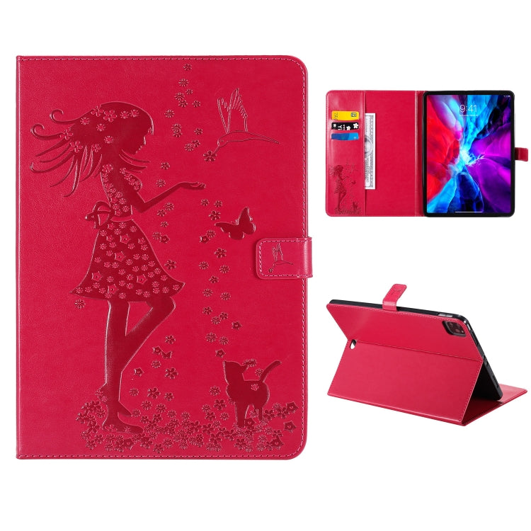 For iPad Pro 11 (2020) Pressed Printing Woman and Cat Pattern Horizontal Flip Leather Tablet Case with Holder & Card Slots & Wallet(Red) - iPad Pro 11 (2020) Cases by buy2fix | Online Shopping UK | buy2fix