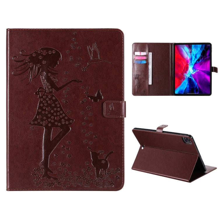 For iPad Pro 11 (2020) Pressed Printing Woman and Cat Pattern Horizontal Flip Leather Tablet Case with Holder & Card Slots & Wallet(Coffee) - iPad Pro 11 (2020) Cases by buy2fix | Online Shopping UK | buy2fix
