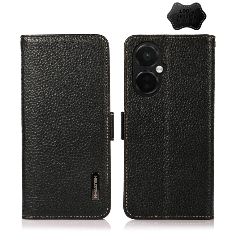 For OnePlus Nord CE 3 KHAZNEH Side-Magnetic Litchi Genuine Leather RFID Phone Case(Black) - OnePlus Cases by buy2fix | Online Shopping UK | buy2fix