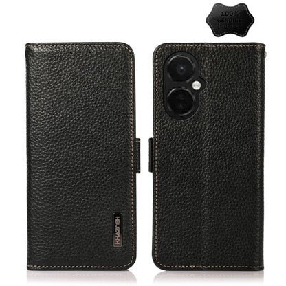 For OnePlus Nord CE 3 KHAZNEH Side-Magnetic Litchi Genuine Leather RFID Phone Case(Black) - OnePlus Cases by buy2fix | Online Shopping UK | buy2fix