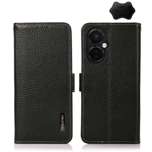 For OnePlus Nord CE 3 KHAZNEH Side-Magnetic Litchi Genuine Leather RFID Phone Case(Black) - OnePlus Cases by buy2fix | Online Shopping UK | buy2fix