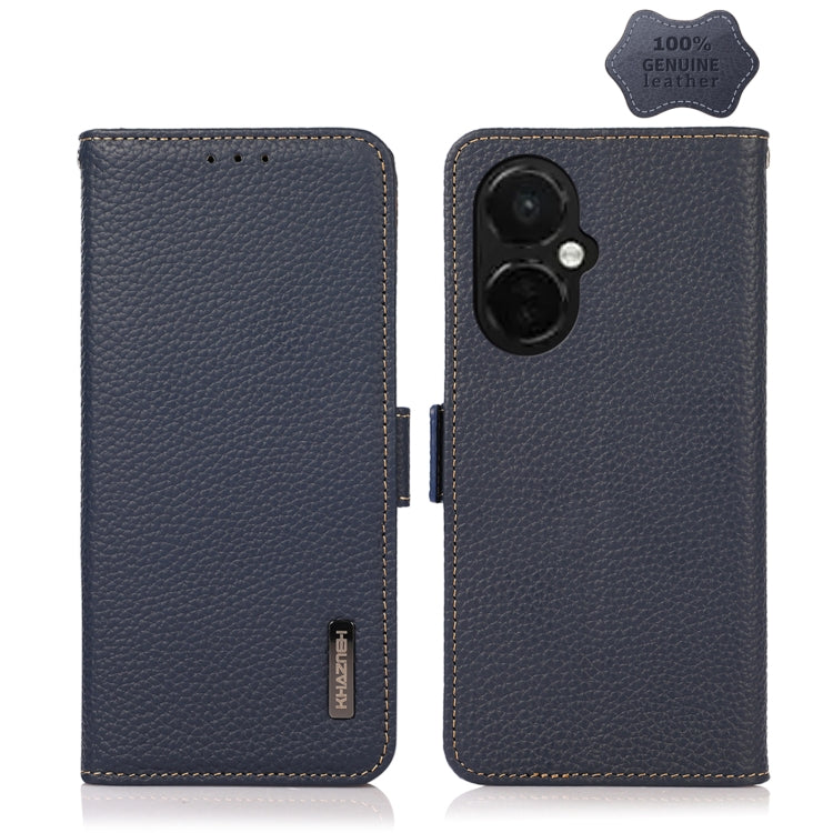 For OnePlus Nord CE 3 KHAZNEH Side-Magnetic Litchi Genuine Leather RFID Phone Case(Blue) - OnePlus Cases by buy2fix | Online Shopping UK | buy2fix