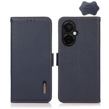 For OnePlus Nord CE 3 KHAZNEH Side-Magnetic Litchi Genuine Leather RFID Phone Case(Blue) - OnePlus Cases by buy2fix | Online Shopping UK | buy2fix