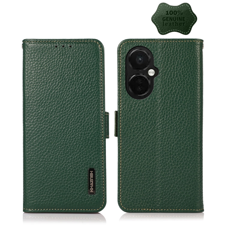For OnePlus Nord CE 3 KHAZNEH Side-Magnetic Litchi Genuine Leather RFID Phone Case(Green) - OnePlus Cases by buy2fix | Online Shopping UK | buy2fix