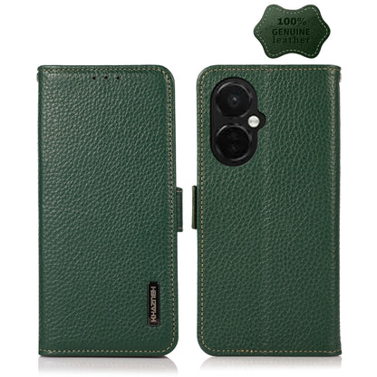 For OnePlus Nord CE 3 KHAZNEH Side-Magnetic Litchi Genuine Leather RFID Phone Case(Green) - OnePlus Cases by buy2fix | Online Shopping UK | buy2fix