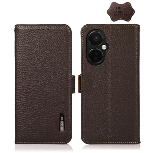 For OnePlus Nord CE 3 KHAZNEH Side-Magnetic Litchi Genuine Leather RFID Phone Case(Brown) - OnePlus Cases by buy2fix | Online Shopping UK | buy2fix