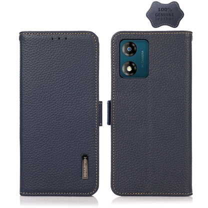 For Motorola Moto E13 2023 4G KHAZNEH Side-Magnetic Litchi Genuine Leather RFID Phone Case(Blue) - Motorola Cases by buy2fix | Online Shopping UK | buy2fix