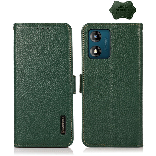 For Motorola Moto E13 2023 4G KHAZNEH Side-Magnetic Litchi Genuine Leather RFID Phone Case(Green) - Motorola Cases by buy2fix | Online Shopping UK | buy2fix