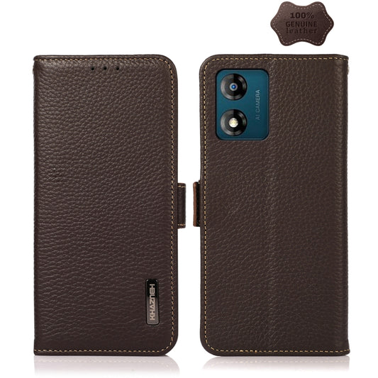 For Motorola Moto E13 2023 4G KHAZNEH Side-Magnetic Litchi Genuine Leather RFID Phone Case(Brown) - Motorola Cases by buy2fix | Online Shopping UK | buy2fix