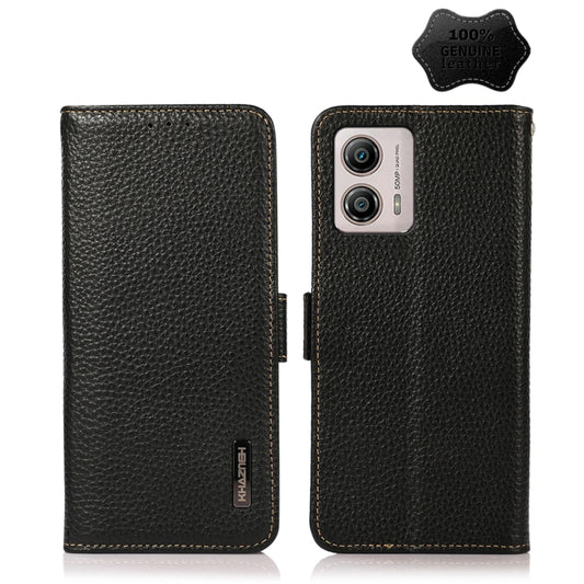 For Motorola Moto G13 / G23 / G53 5G KHAZNEH Side-Magnetic Litchi Genuine Leather RFID Phone Case(Black) - Motorola Cases by buy2fix | Online Shopping UK | buy2fix