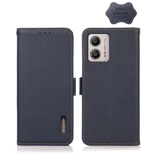 For Motorola Moto G13 / G23 / G53 5G KHAZNEH Side-Magnetic Litchi Genuine Leather RFID Phone Case(Blue) - Motorola Cases by buy2fix | Online Shopping UK | buy2fix