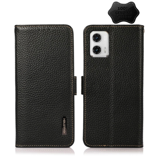 For Motorola Moto G73 5G KHAZNEH Side-Magnetic Litchi Genuine Leather RFID Phone Case(Black) - Motorola Cases by buy2fix | Online Shopping UK | buy2fix